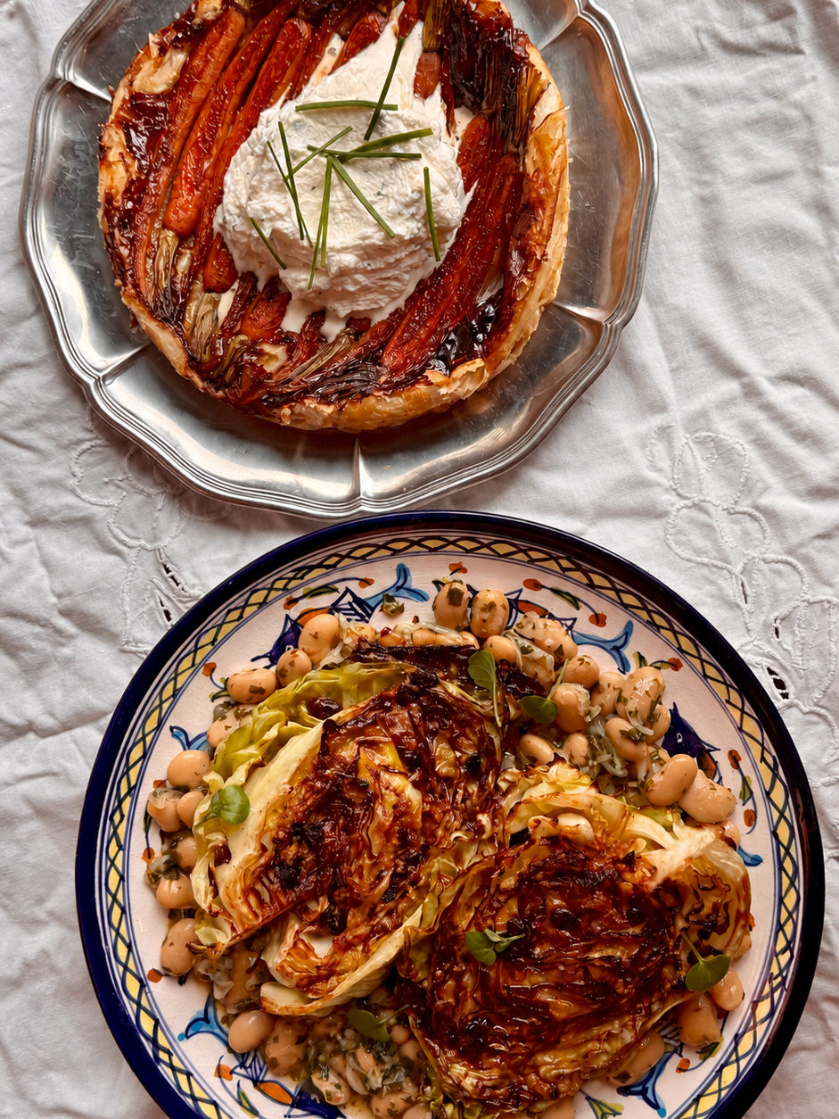 Bettes Aftensmad: Carrot Tarte Tatin and grilled pointed cabbage